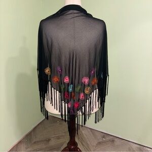 Echo Sheer Black Embroidered Shawl Wrap Scarf W/ Fringe Made In India Boho